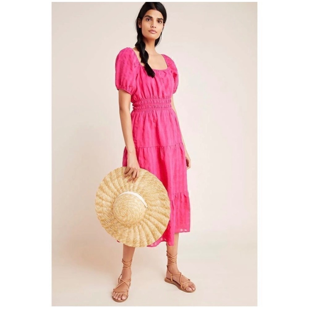 Anthropologie Francesca Pink‎ Ruffled Tiered Midi Dress With Puff Sleeves XS NWT